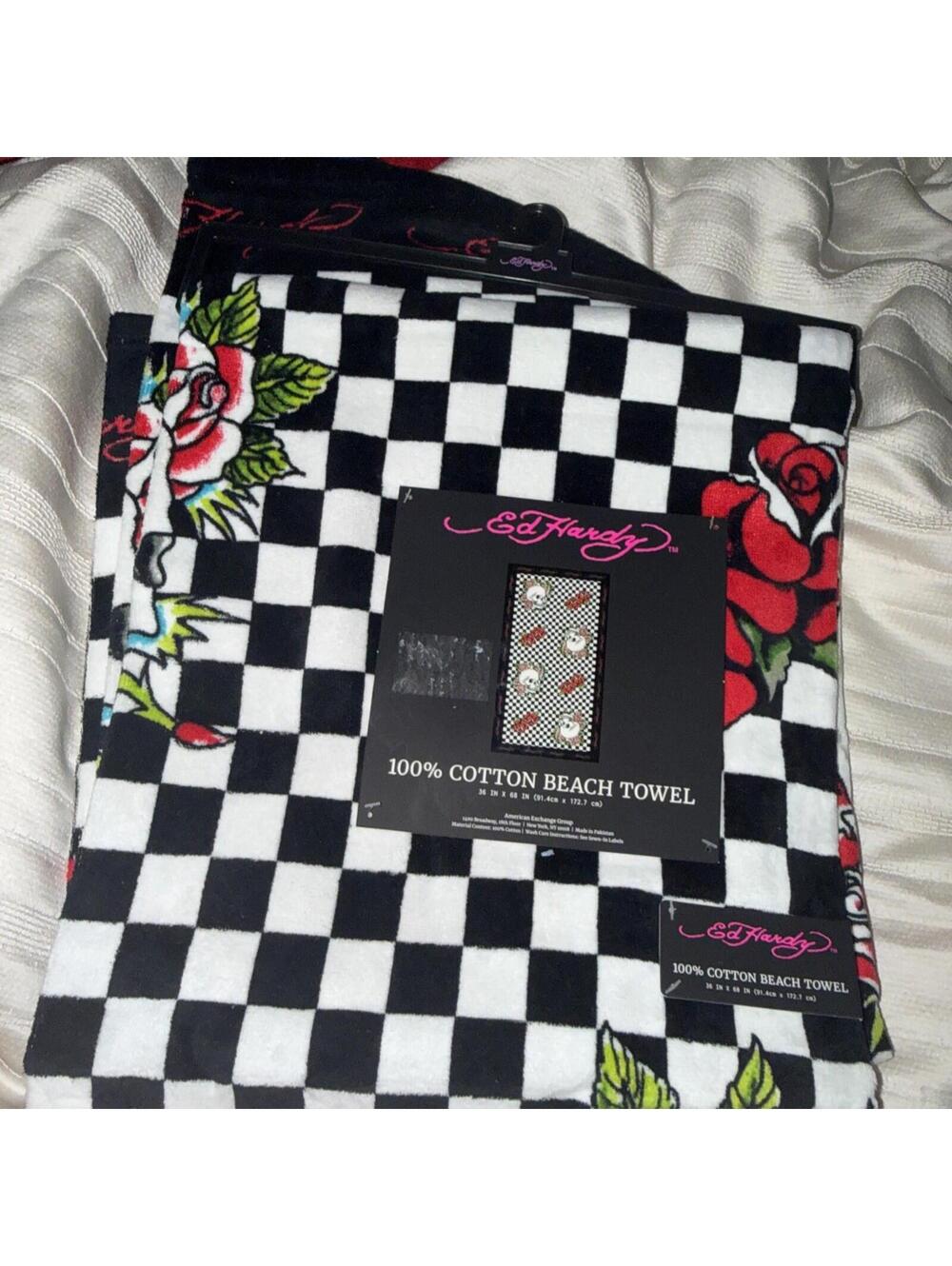 Ed Hardy Checkered Skull Rose Beach Towel 100% Cotton 36x68 NWT